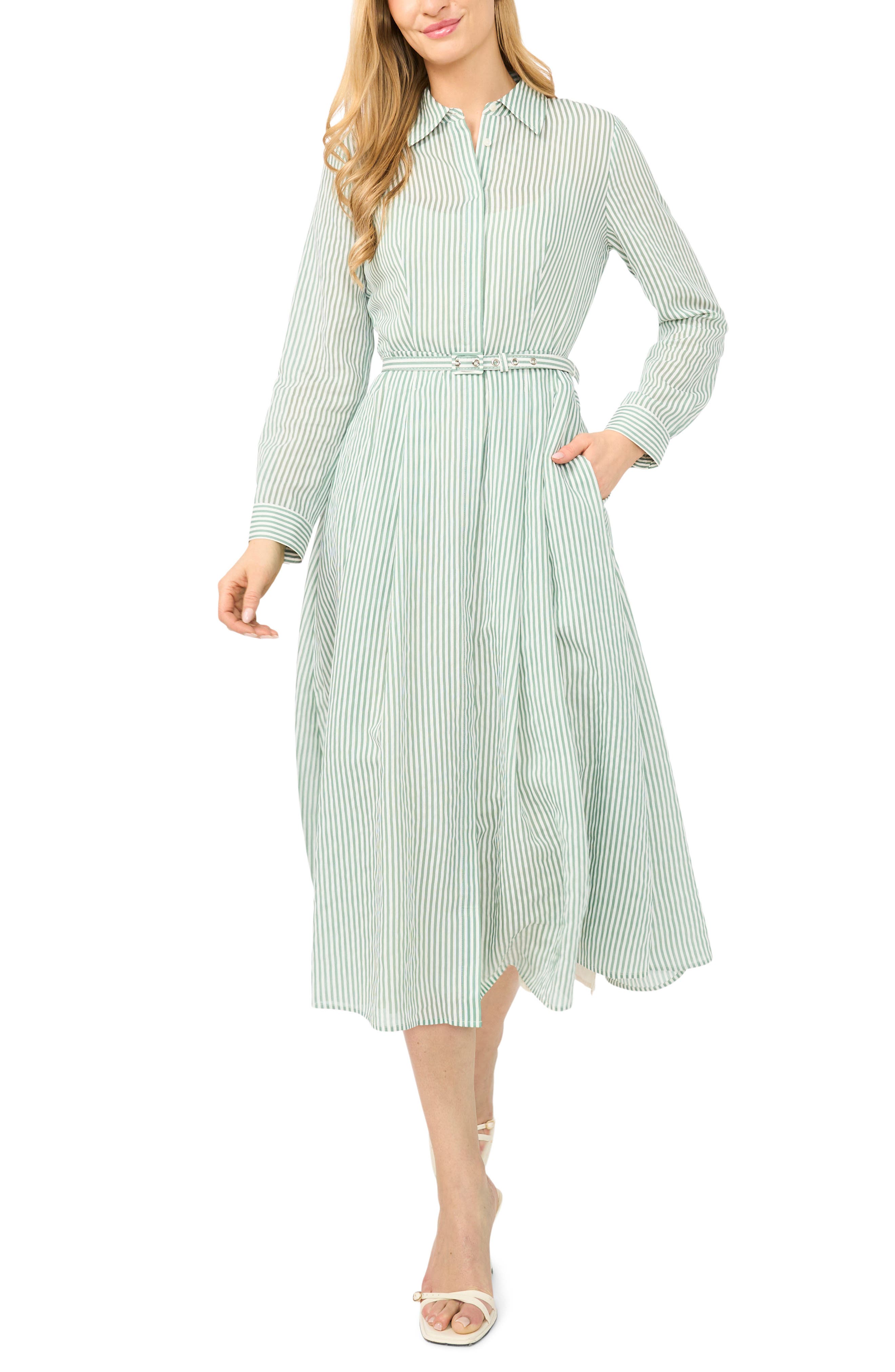 Lynn Vertical Stripe Button-Up Midi Shirtdress