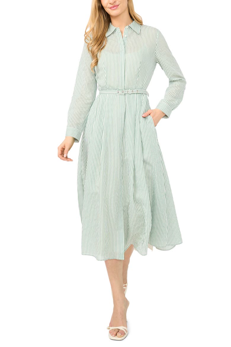 Lynn Vertical Stripe Button-Up Midi Shirtdress, Main, color, FAIRWAY