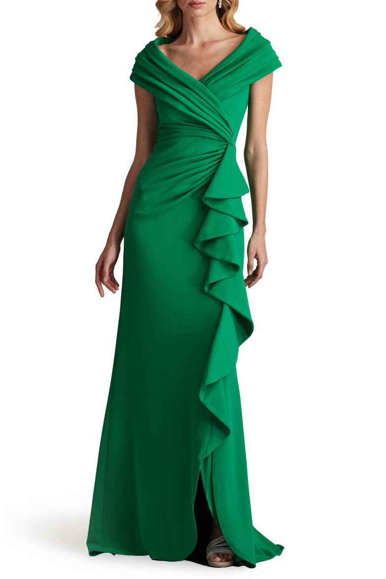 Cascade Ruffle Portrait Neck Gown, Main, color, GREEN LEAF