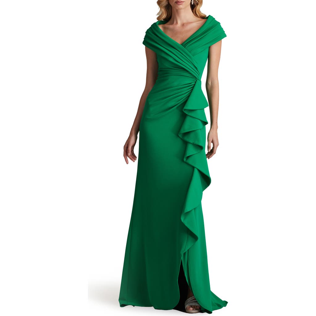 Tadashi Shoji Portrait Collar Gown With Cascading Ruffle In Aloe Green | ModeSens Tadashi Shoji Portrait Collar Gown With Cascading Ruffle In Aloe Green | ModeSens