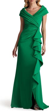 Tadashi Shoji Cascade Ruffle Portrait Neck Gown