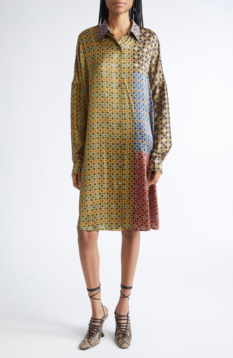 Dries Van Noten Dasia Tie Print Long Sleeve Silk Satin Shirtdress, Main, color, Dessin A