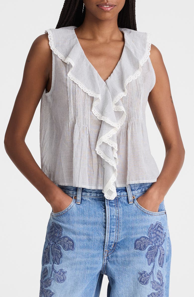 Madewell The Blaire Ruffle Sleeveless Top, Main, color, Blue White Micro Stripe