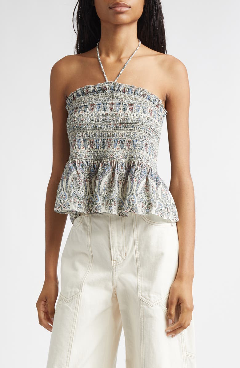 Veronica Beard Damsey Paisley Smock Halter Top, Main, color, Ecru Multi