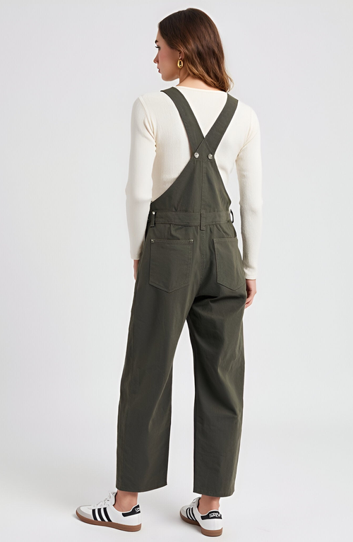 Modenaire Wide-leg Adjustable-strap Front Bib Pocket Overalls In Green