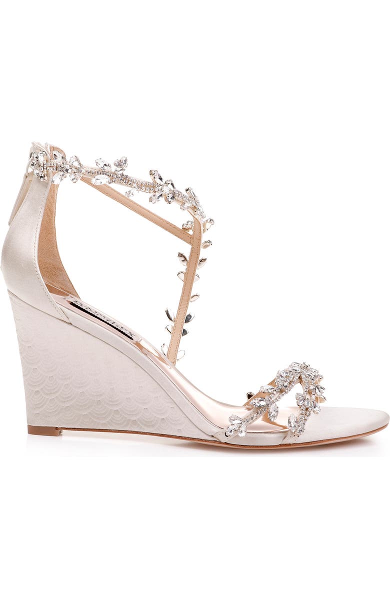 Badgley Mischka Collection Feather Crystal Embellished Wedge Sandal, Alternate, color,