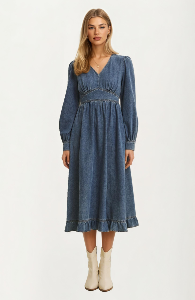 Knit and Lounge Long-Sleeve Denim V-Neck Ruffle-Hem Midi Dress, Alternate, color, 