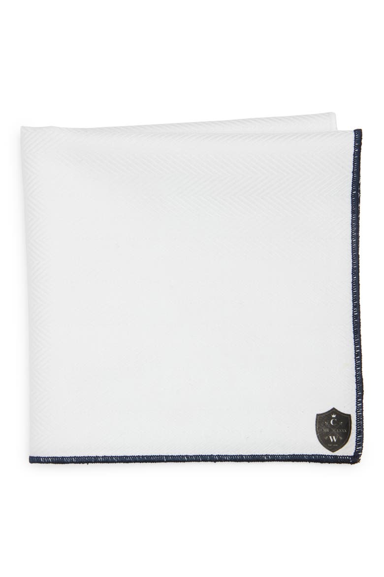 White Cotton Herringbone Pocket Square with Navy Trim, Main, color, WHITE/NAVY
