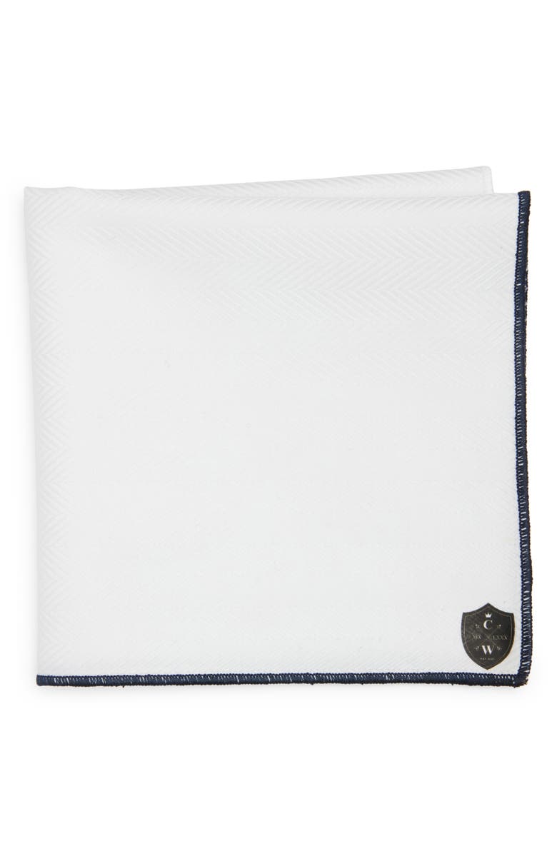 CLIFTON WILSON White Cotton Herringbone Pocket Square with Navy Trim, Main, color, White/Navy