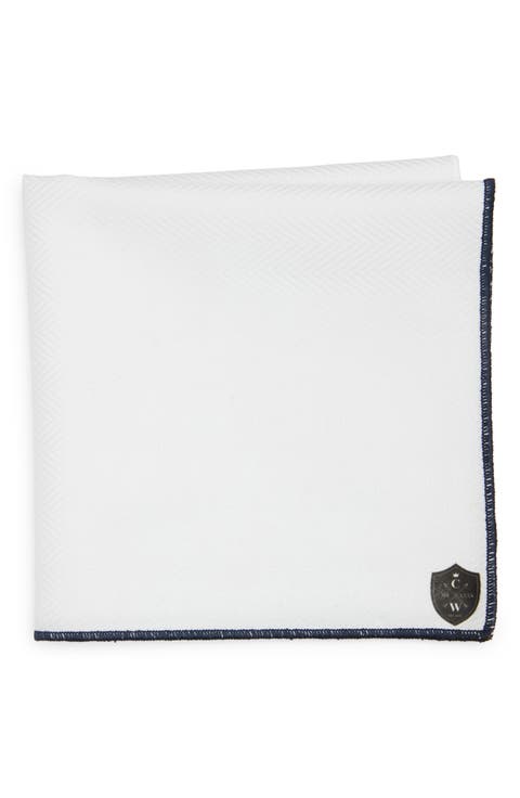 White Cotton Herringbone Pocket Square with Navy Trim