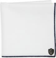 CLIFTON WILSON White Cotton Herringbone Pocket Square with Navy Trim