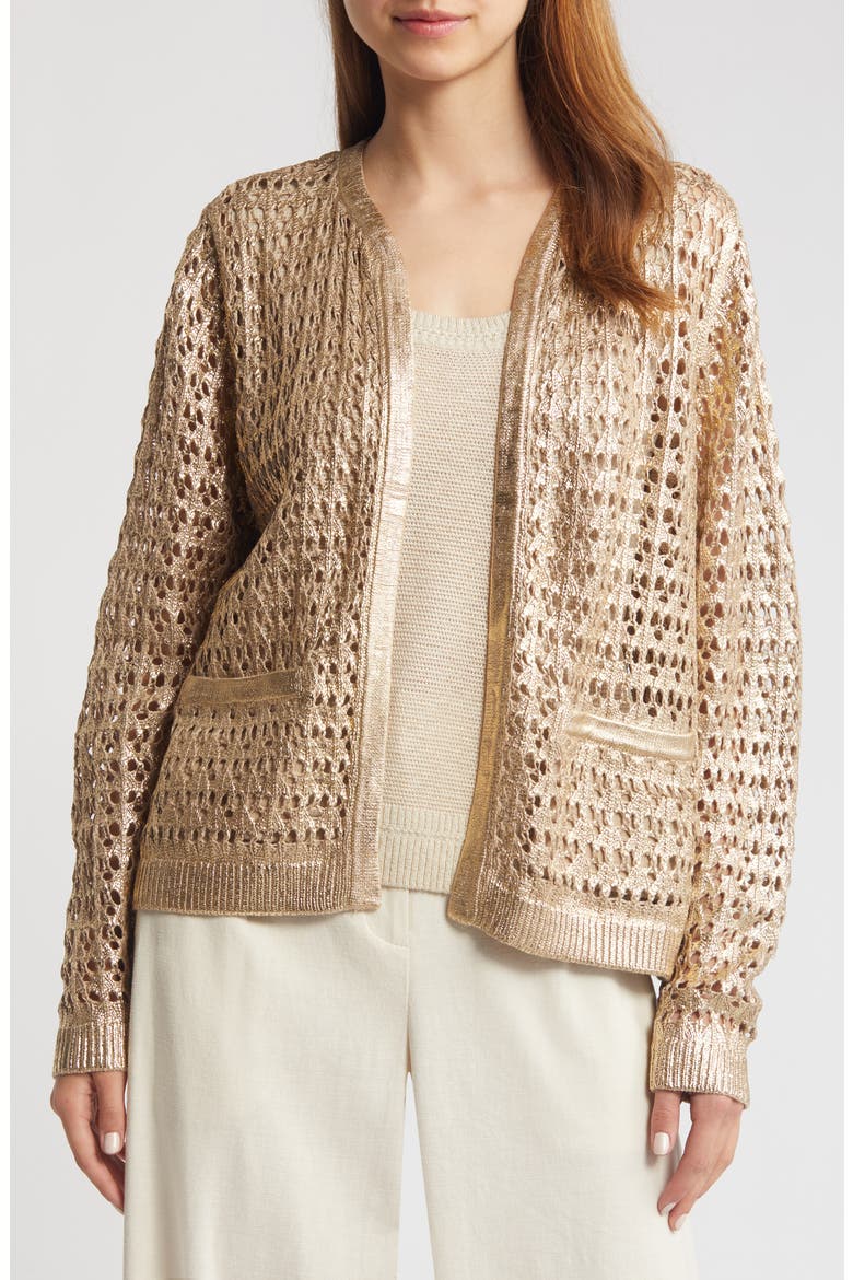 Eve Open Stitch Open Front Cardigan, Main, color, GOLD
