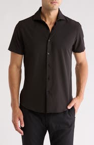 DENIM AND FLOWER Solid Short Sleeve Button-Up Tech Shirt