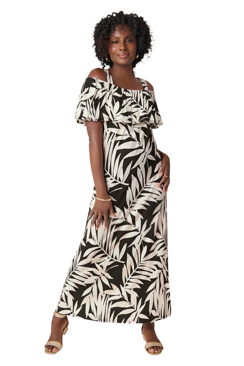 Cold Shoulder A Line Maxi Dress, Main, color, BLACK WHITE PALM