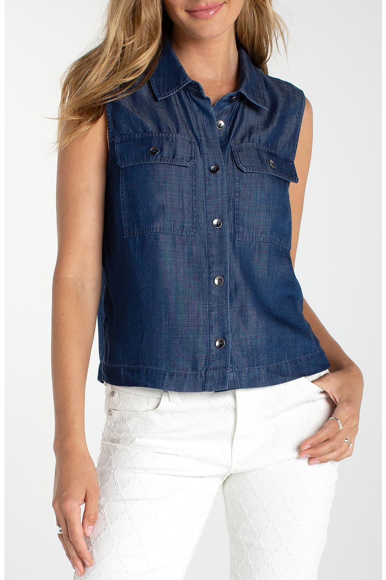 Pocket Sleeveless Crop Denim Shirt, Main, color, SERENE DARK