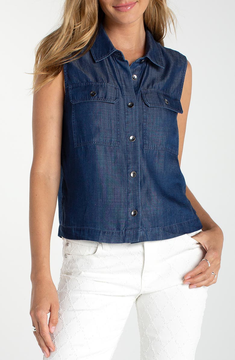 Liverpool Los Angeles Pocket Sleeveless Crop Denim Shirt, Main, color, 