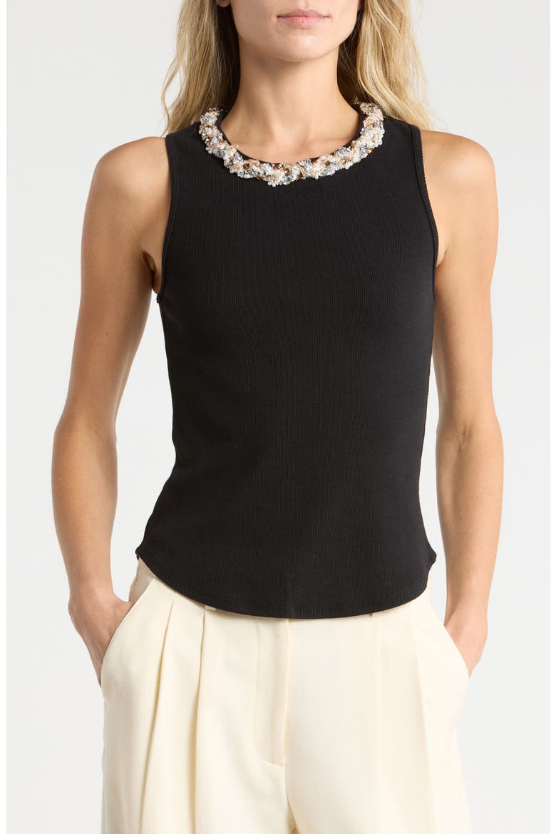 Crystal Detail Stretch Cotton Tank, Main, color, BLACK