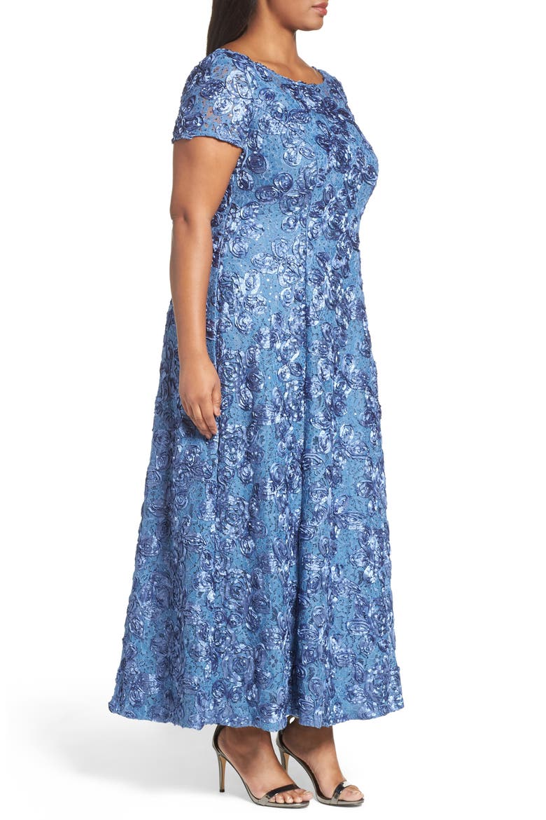Rosette Lace Short Sleeve A-Line Gown, Alternate, color, BRUSHED PERIWINKLE