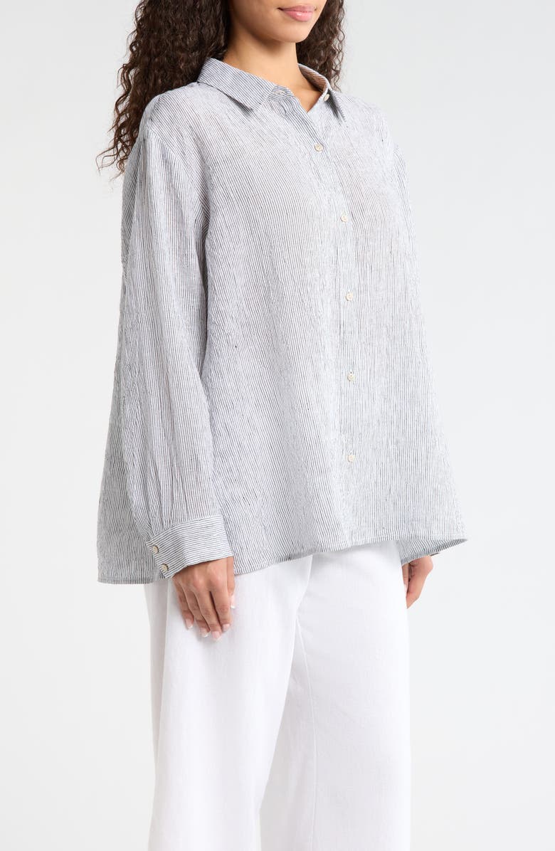 Eileen Fisher Classic Stripe Linen Button-Up Shirt, Alternate, color, White/ Black