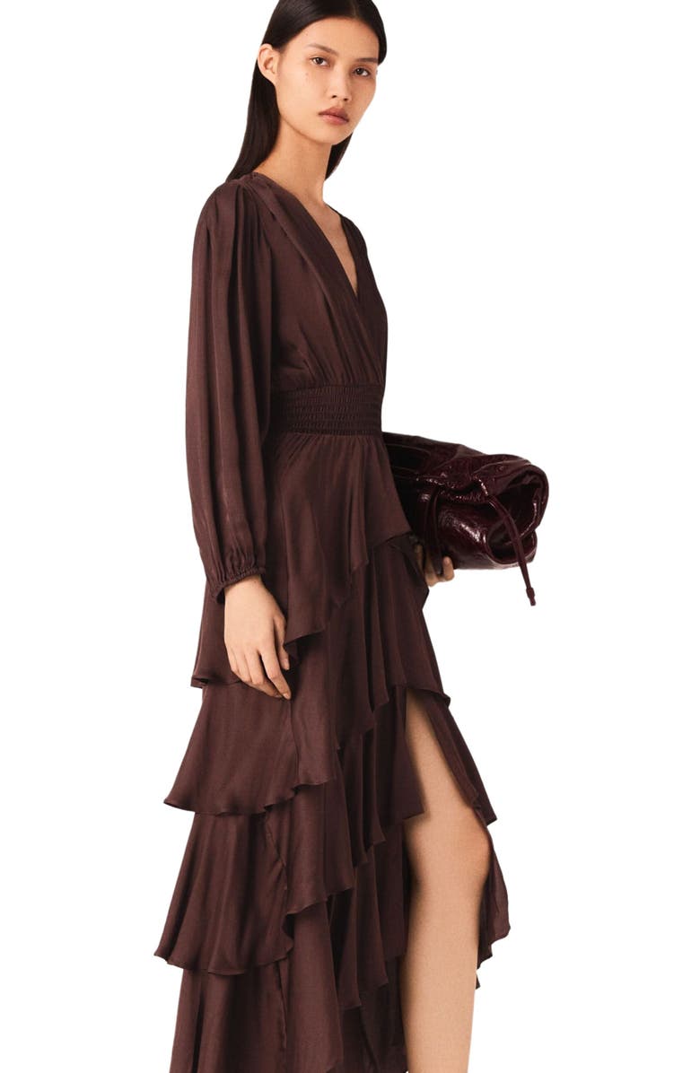 maje Flowy ruffled maxi dress, Alternate, color, Brown