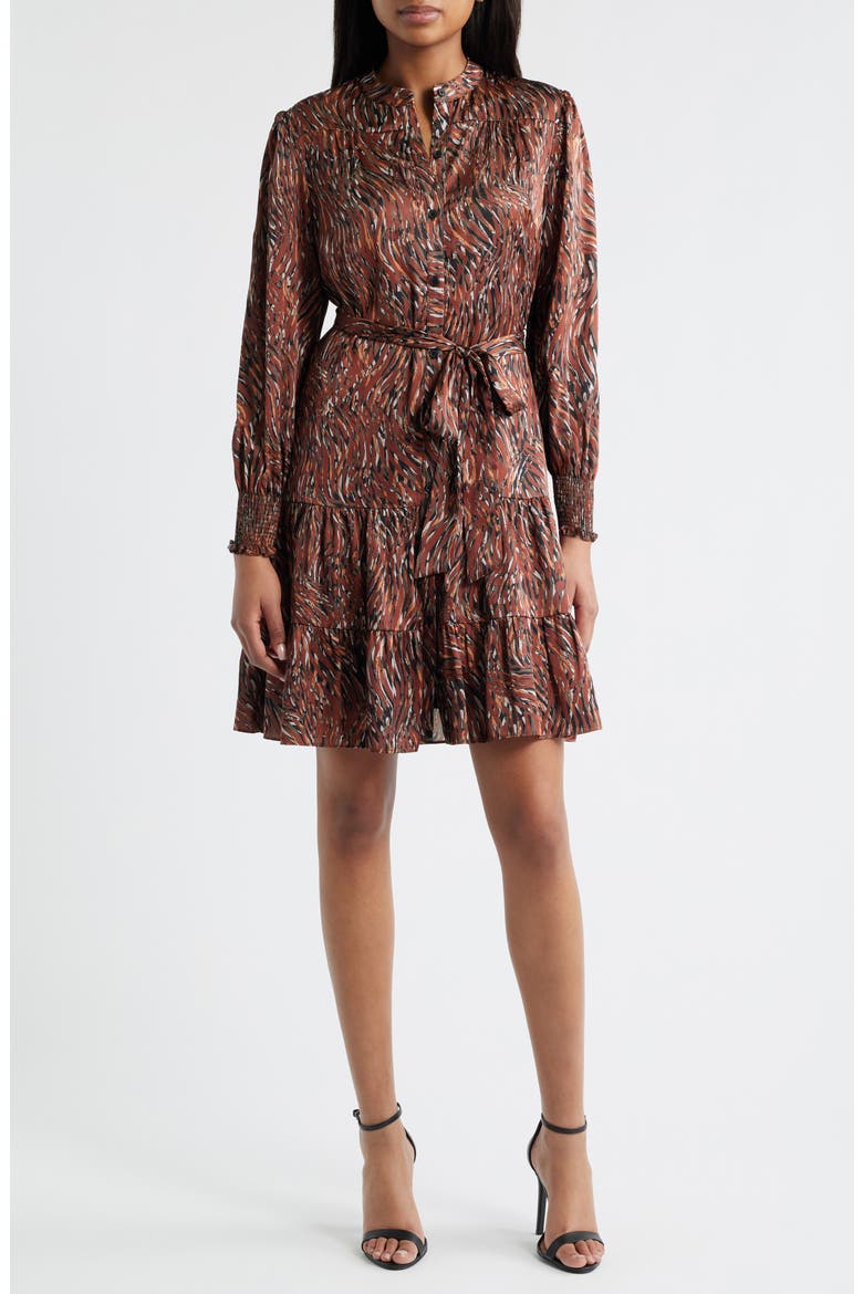 Tiered Long Sleeve Tie Waist Button Front Satin Dress, Main, color, BROWN MULTI