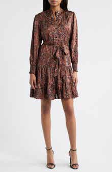 Julia Jordan Tiered Long Sleeve Tie Waist Button Front Satin Dress