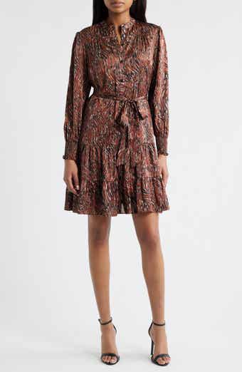 Julia Jordan Tiered Long Sleeve Tie Waist Button Front Satin Dress