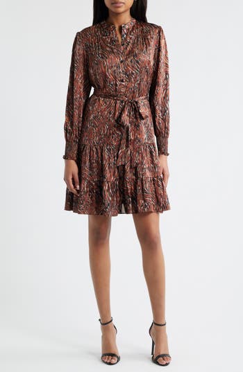 Julia Jordan Tiered Long Sleeve Tie Waist Button Front Satin Dress In Multi