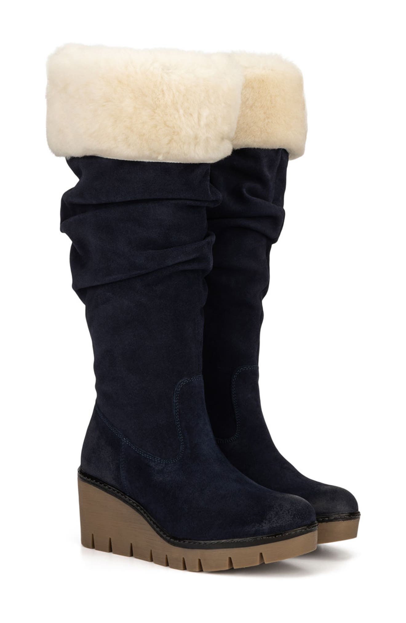 Arabella Faux Fur Trimmed Wedge Boot, Alternate, color, NAVY