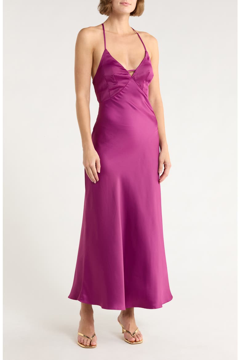 Tie Back Satin Midi Dress, Main, color, EGGPLANT