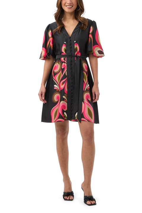 Certonia Border Printed Puff Sleeve Dress