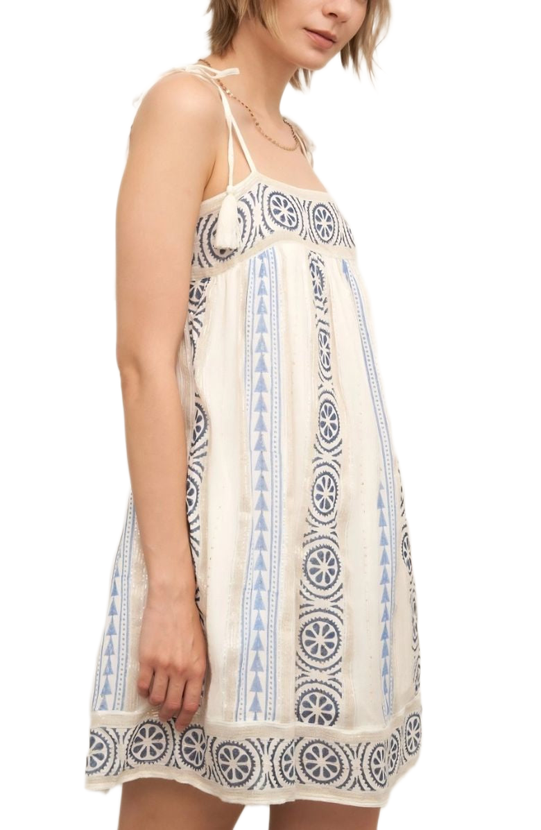 Knit and Lounge Embroidered Tassel Tie Strap Boho Mini Dress, Alternate, color, 