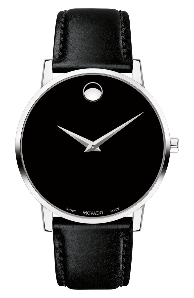 Movado Leather Strap Watch, 40mm, Main, color, Black Dial
