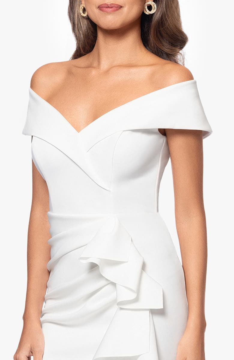 Xscape Evenings Ruffle Off the Shoulder Scuba Knit Cocktail Dress, Alternate, color, Ivory