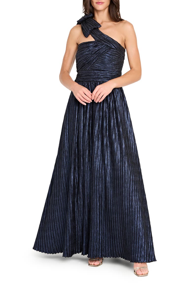 Tahari ASL One-Shoulder Crinkle Evening Gown, Main, color, Navy