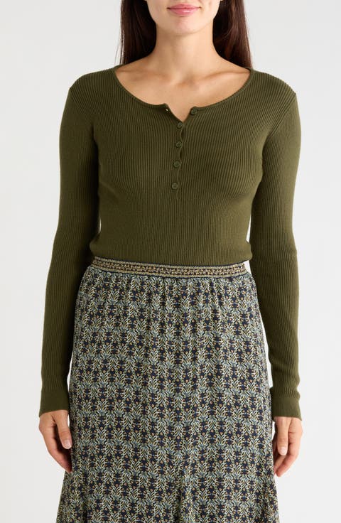Ribbed Crop Henley Sweater