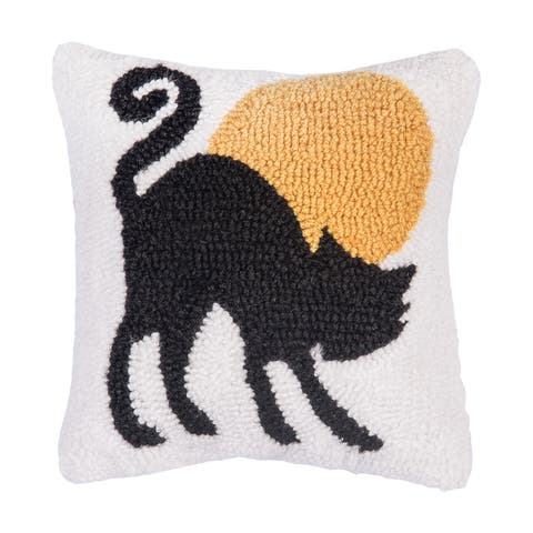 Black Cat Moonlight Mini Hooked Halloween Accent Pillow 10" x 10"