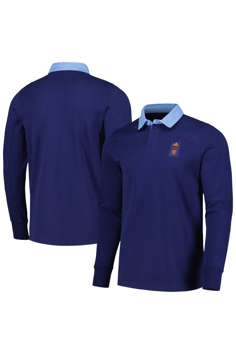 Men's adidas 2023 Player Navy New York City FC Travel Long Sleeve Polo, Main, color, Navy