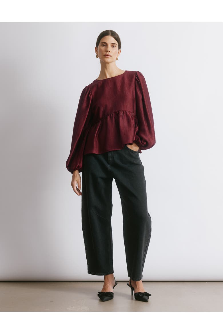 Crinkle Long Sleeve Satin Top, Alternate, color, Burgundy