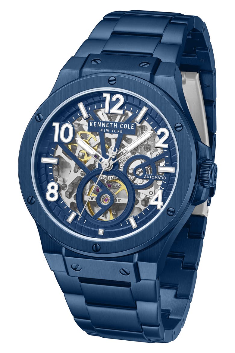 Skeleton Dial Automatic Bracelet Watch, Alternate, color, BLUE