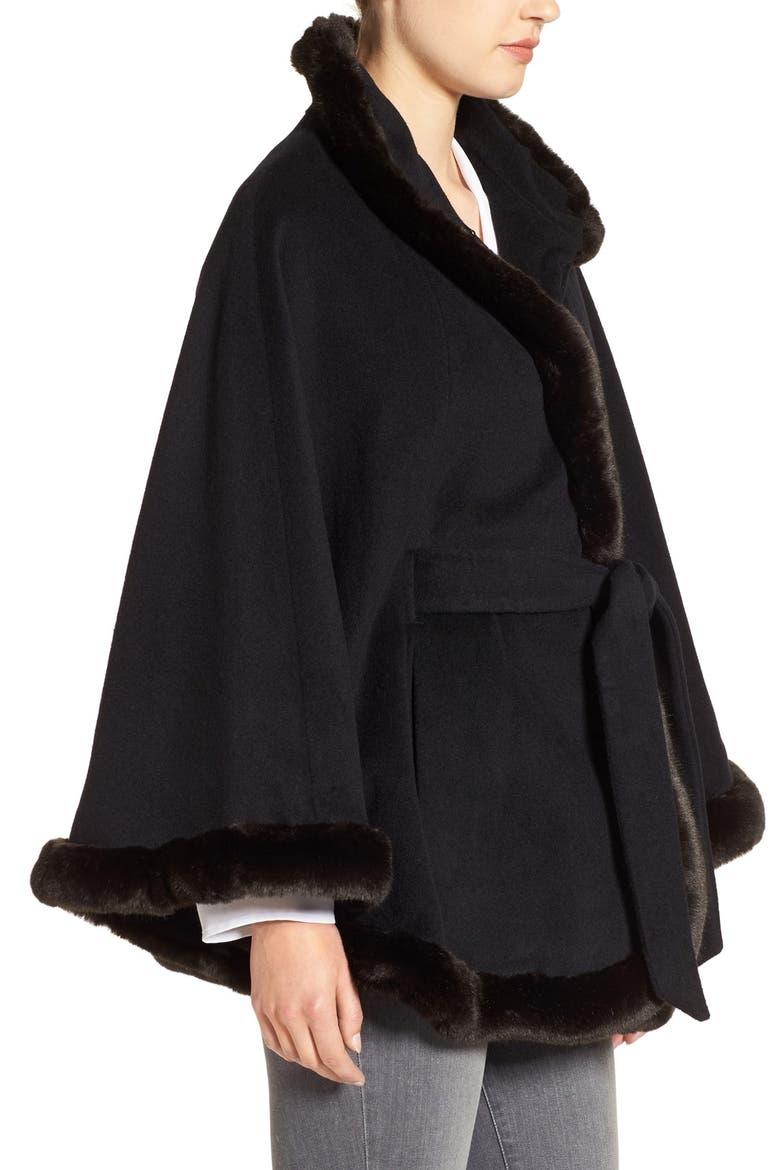 Wool Blend Cape with Faux Fur, Alternate, color, BLACK