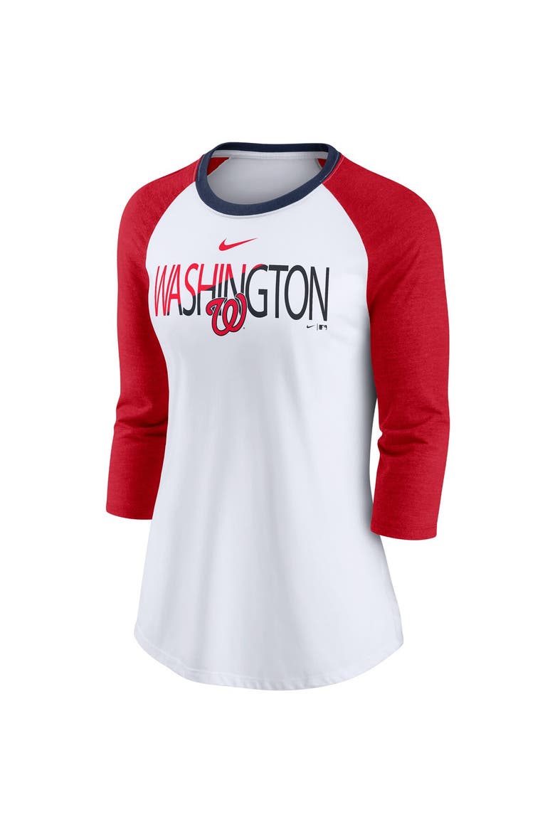 Women's Nike White/Heathered Red Washington Nationals Color Split Tri-Blend 3/4-Sleeve Raglan T-Shirt, Alternate, color, White