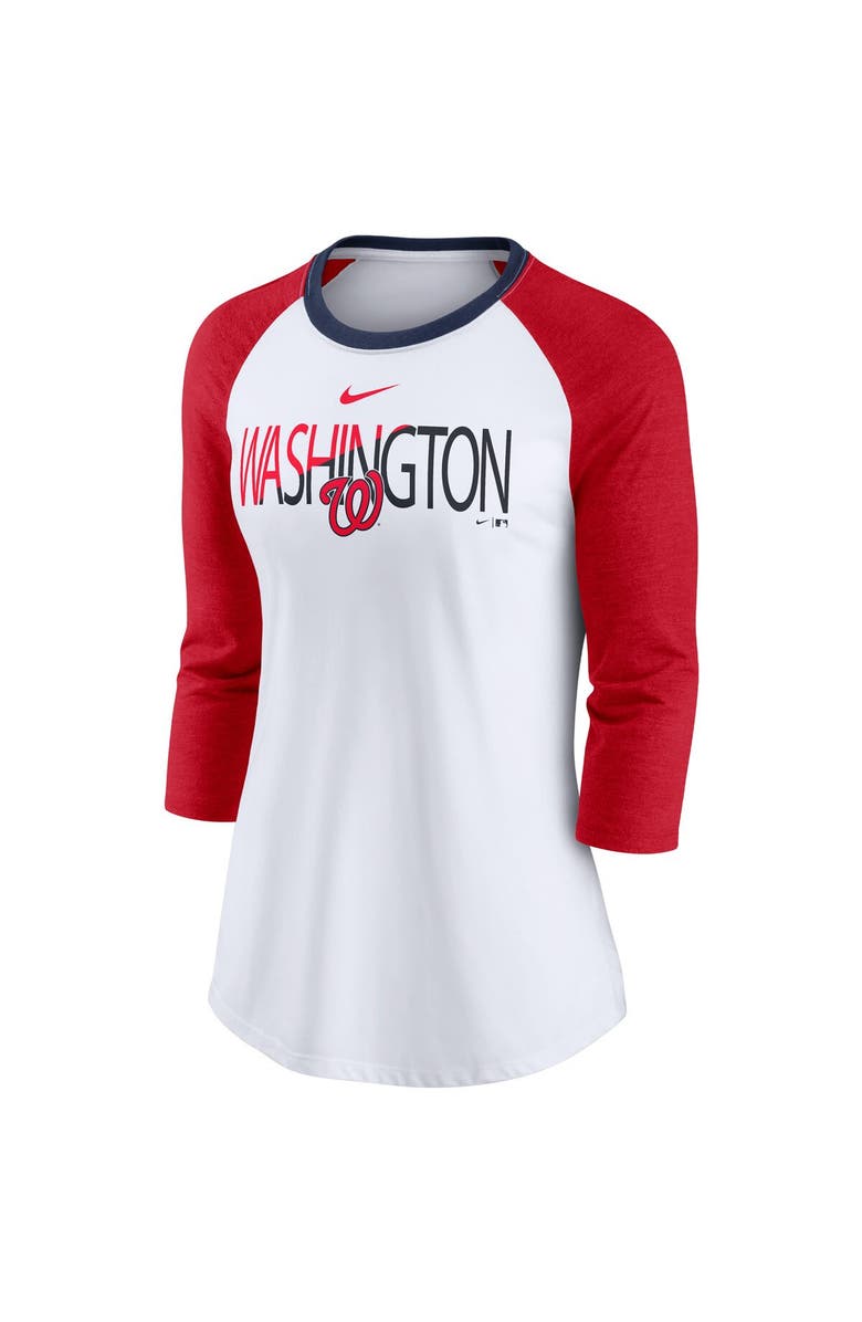 Nike Women's Nike White/Heathered Red Washington Nationals Color Split Tri-Blend 3/4-Sleeve Raglan T-Shirt, Alternate, color, White