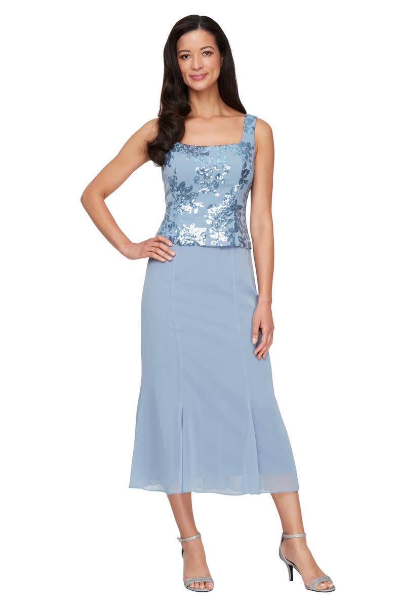 Alex Evenings Sequin Floral Stretch Crepe Cocktail Dress & Jacket, Alternate, color, Dusty Blue