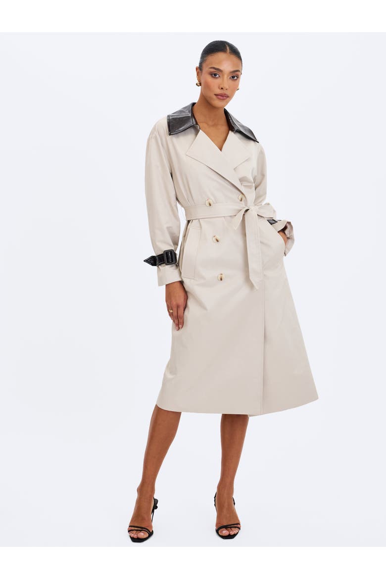 Umber Double-Breasted Faux Leather Lapel Trench Coat, Alternate, color, Beige