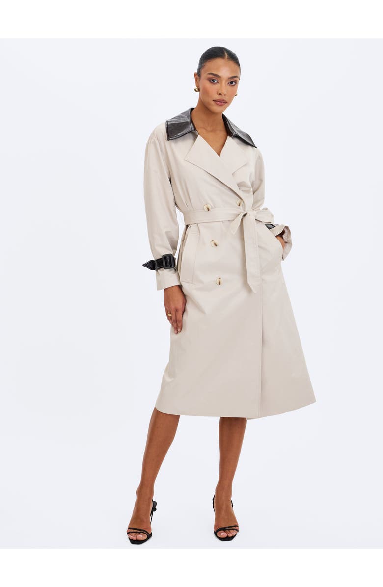 Miss Circle Umber Double-Breasted Faux Leather Lapel Trench Coat, Alternate, color, Beige