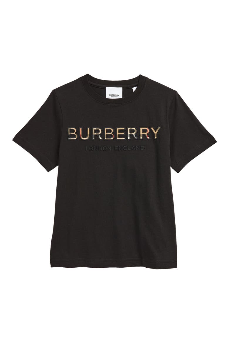 Kids' Eugene Embroidered Check Logo Cotton T-Shirt, Main, color, BLACK