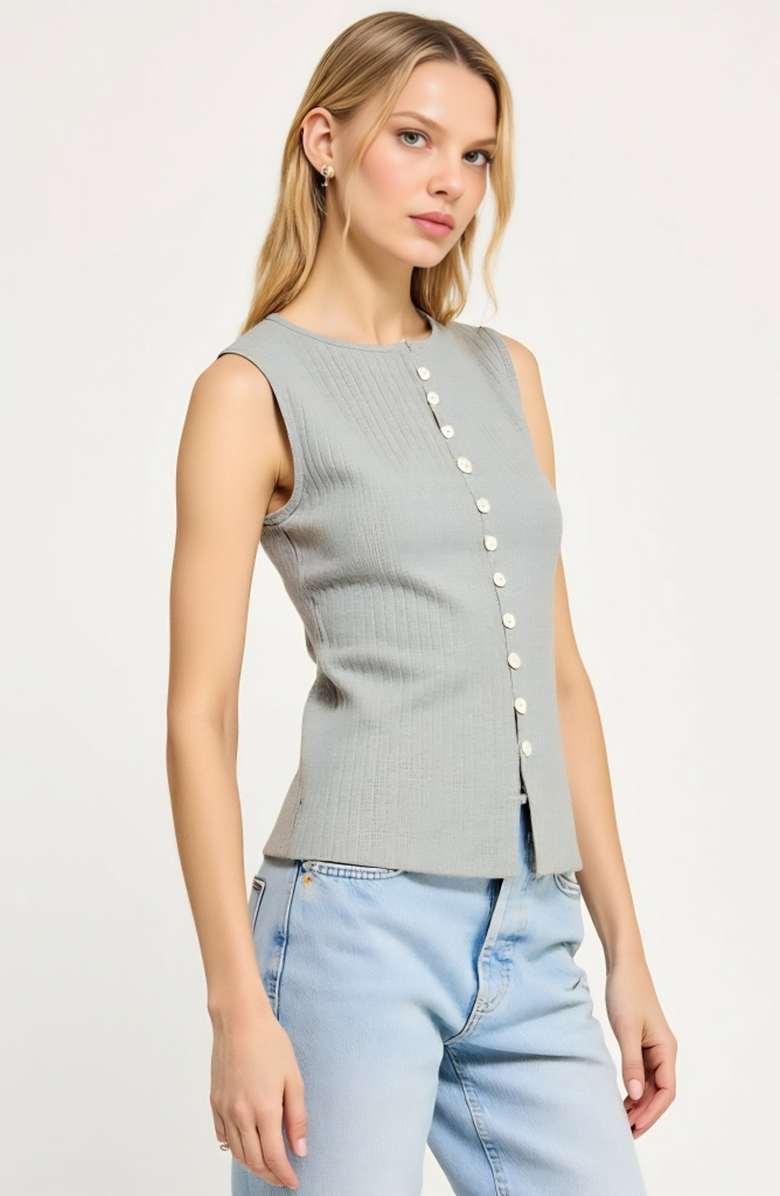 Modenaire Sleeveless Ribbed Knit Top with Off-Center Button Front Detail, Alternate, color, Gray