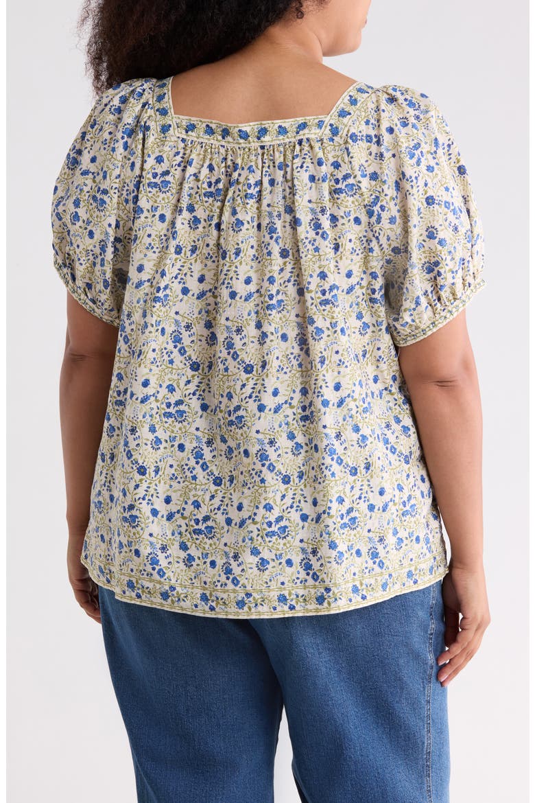 Floral Square Neck Puff Sleeve Top, Alternate, color, ECRU/ COBALT