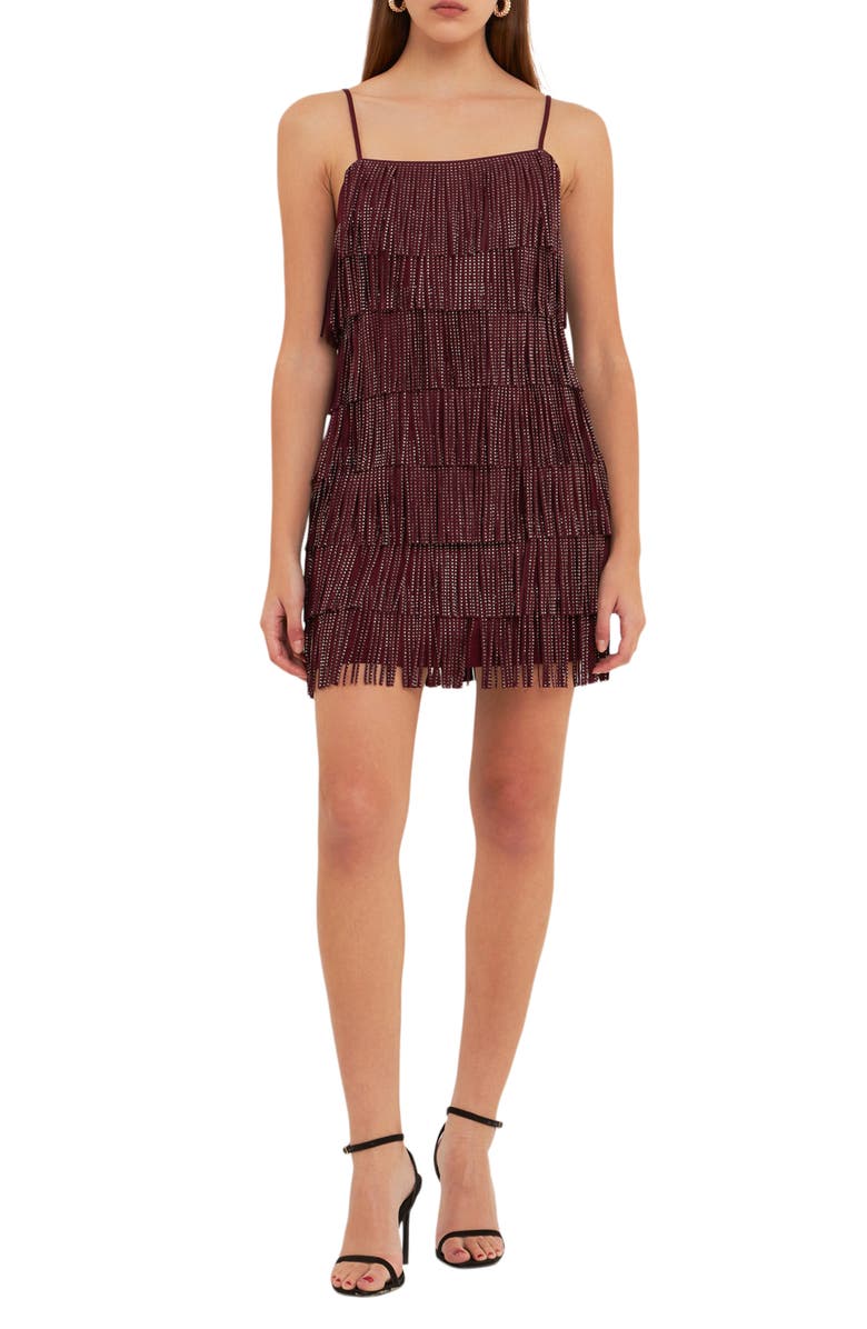 Endless Rose Beaded Fringe Minidress, Main, color, Wine